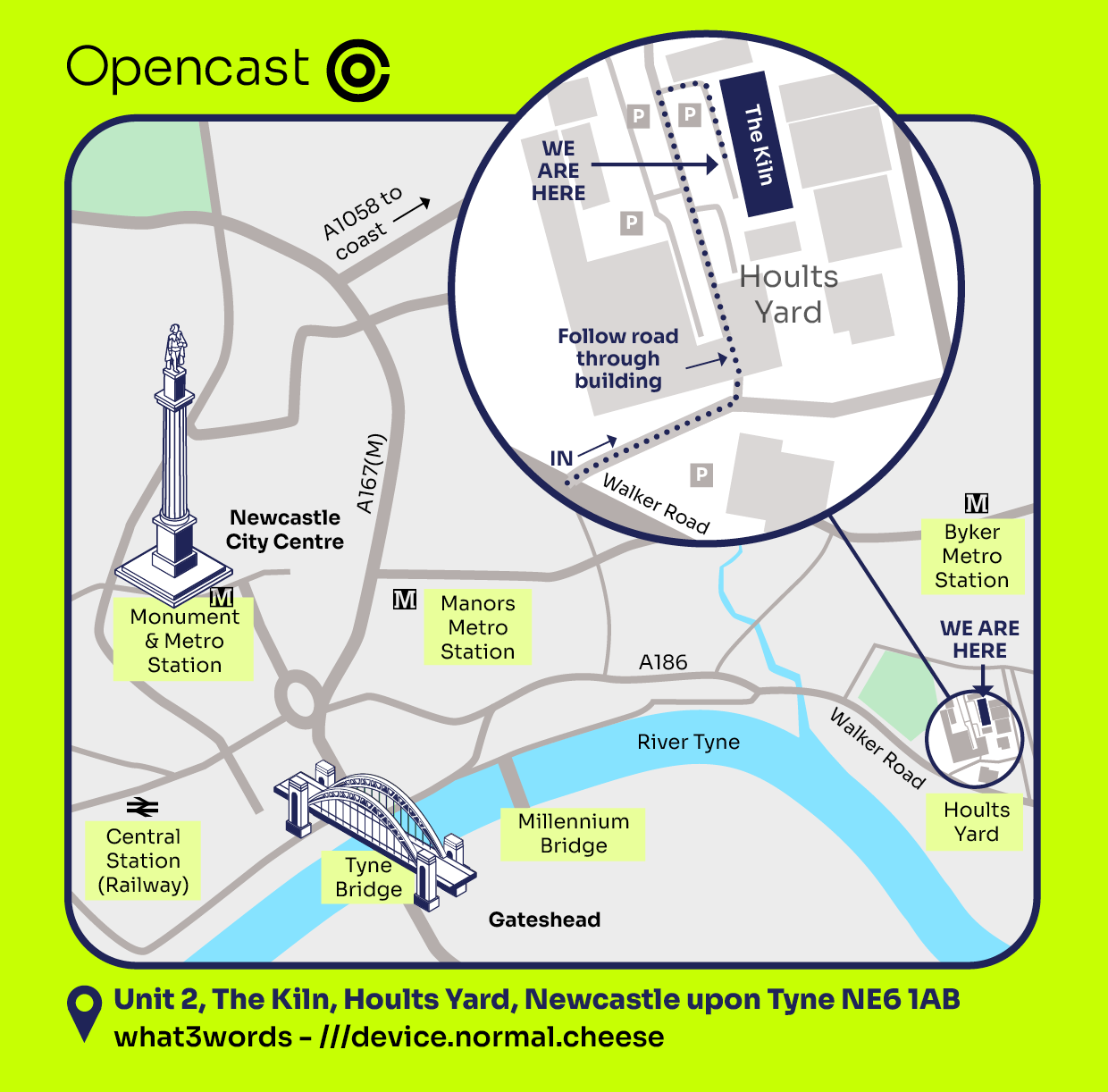 A map of Newcastle with Opencast office highlighted